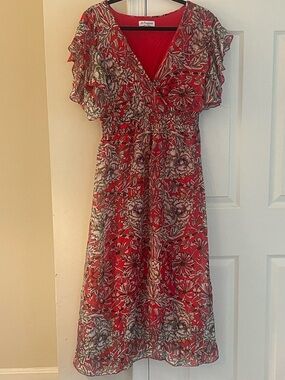 Red Floral V-Neck Midi Dress with Ruffle Sleeves